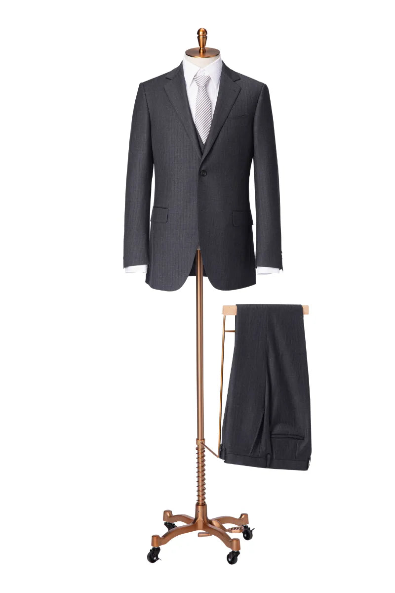 Single Breasted Grey Self Stripe 3 Piece Suit