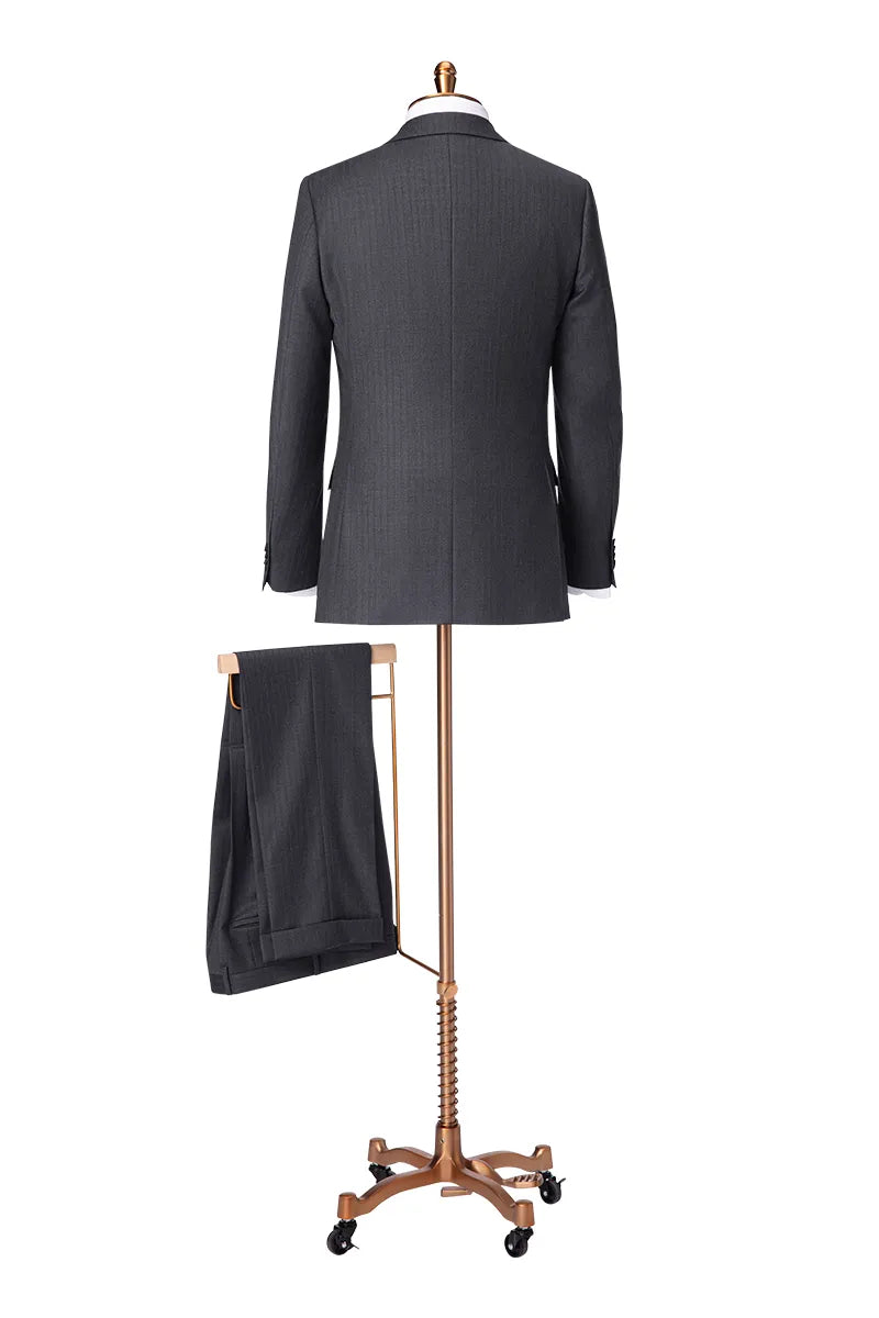 Single Breasted Grey Self Stripe 3 Piece Suit