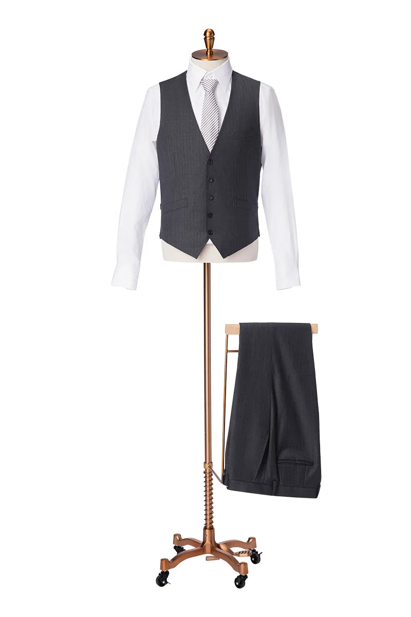 Single Breasted Grey Self Stripe 3 Piece Suit