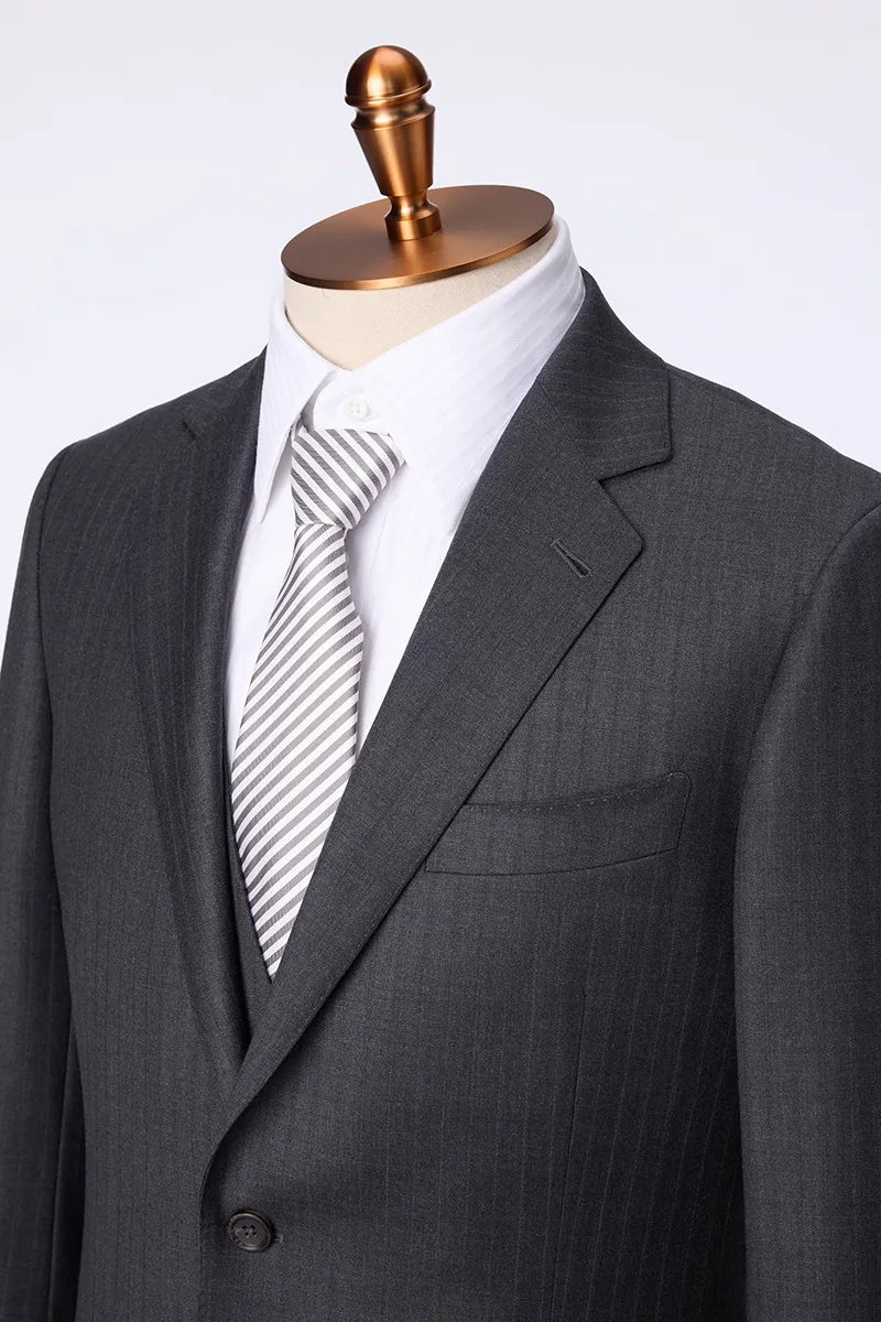 Single Breasted Grey Self Stripe 3 Piece Suit