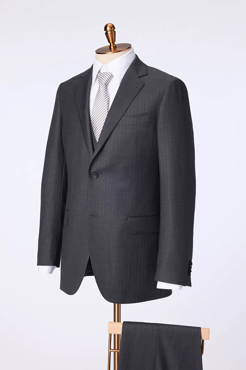 Single Breasted Grey Self Stripe 3 Piece Suit