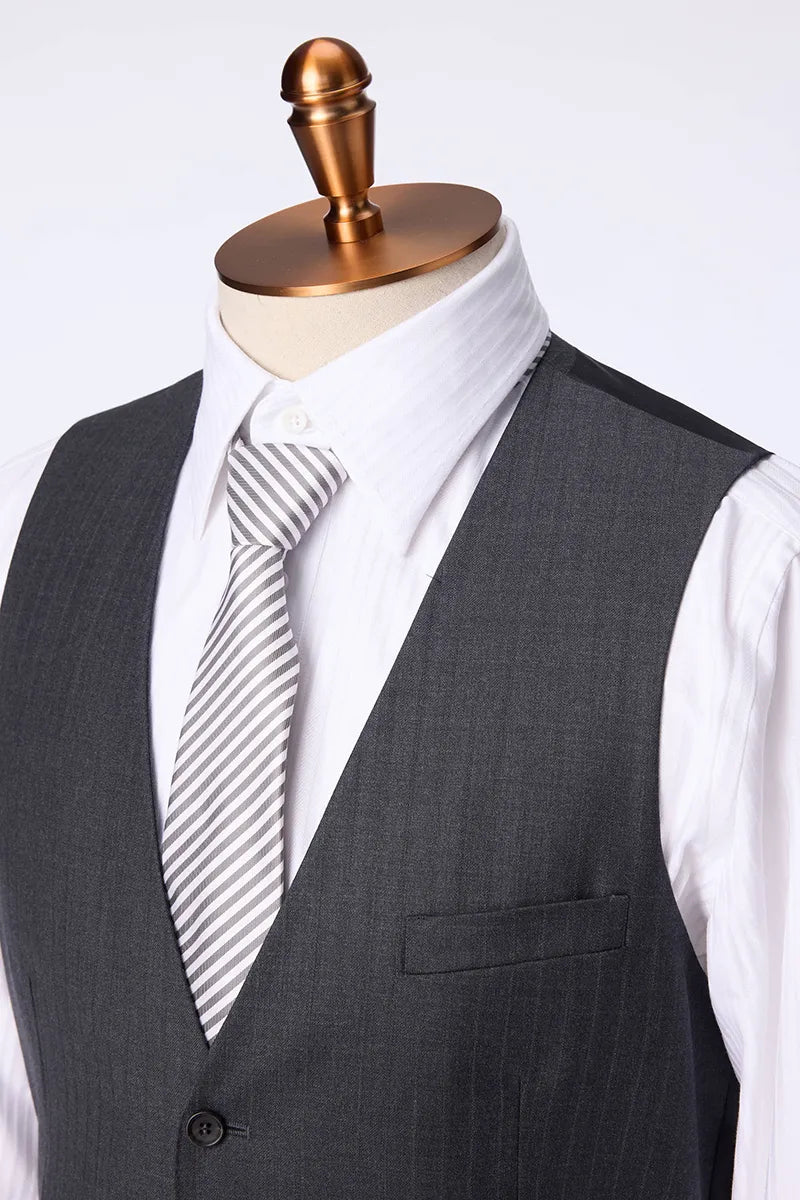 Single Breasted Grey Self Stripe 3 Piece Suit